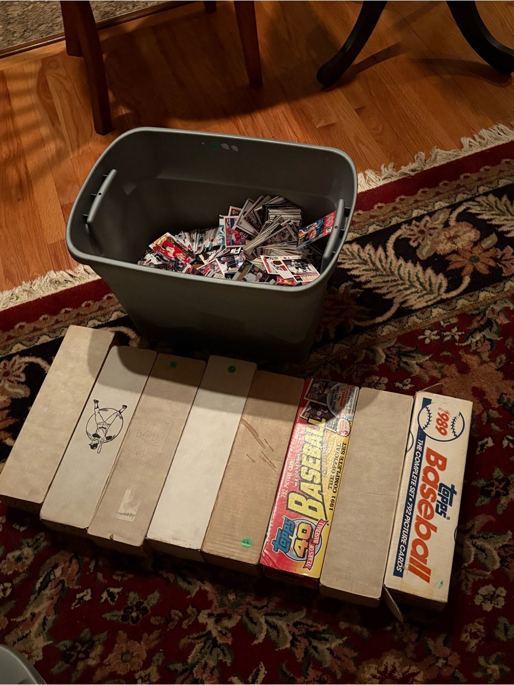 Topps Gray Storage Tub with Baseball Card Boxes and Loose Cards 1980-1990